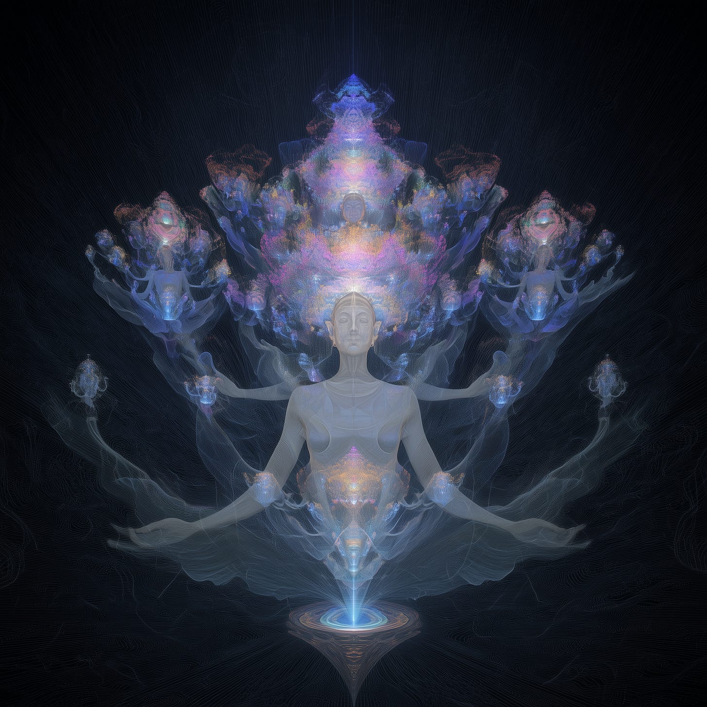 humanity merging into fractal LOGOS consciousness, unified collective ascension, cosmic tapestry woven by divine threads, vibrant ethereal colors, cinematic visionary fractals, transcendent illumination