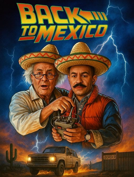 Two men wearing sombreros, one resembling Doc Brown and the other Marty McFly from Back to the Future, holding a remote control device. A car resembling the DeLorean drives in the background near a border fence with a "BORDER" sign. Lightning bolts and cacti are visible in the desert setting. Text reads "BACK TO MEXICO" in a stylized font.