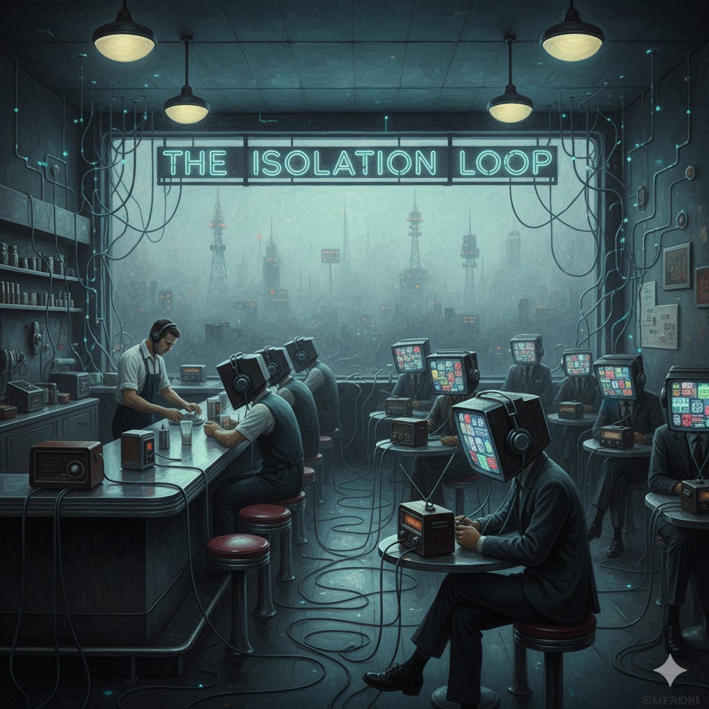 Um bar retro-futurista com pouca luz chamado 'The Isolation Loop', onde os clientes com televisores antigos no lugar da cabeça estão sentados sozinhos, absortos em suas telas, conectados por uma teia de fios. Um barman também usa fones de ouvido. A paisagem urbana fora da janela é igualmente industrial e conectada por torres.
