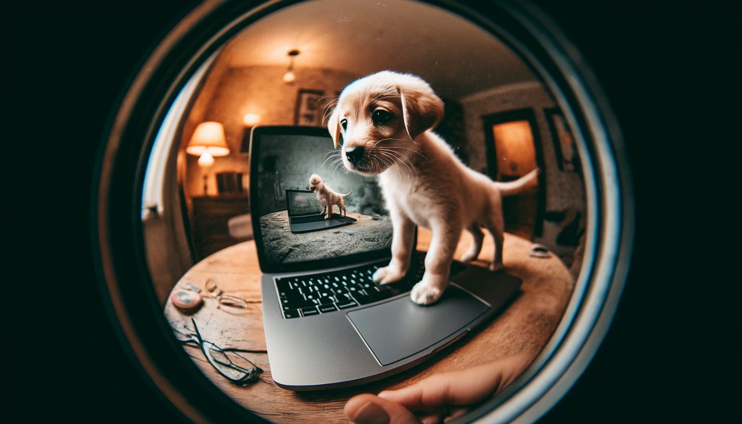 Visualize a curious puppy standing on a laptop, now seen through a fish-eye lens effect, captured in a wide aspect ratio. This unique perspective exaggerates the scene, curving the edges of the view and enhancing the playful interaction between the puppy and the laptop. The fish-eye lens effect adds a dynamic and engaging dimension, making the puppy appear larger and the laptop somewhat distorted, emphasizing the humorous and slightly chaotic nature of the moment. The scene retains a hint of analog film style with grainy textures and muted colors, blending traditional photography charm with a modern, whimsical twist.