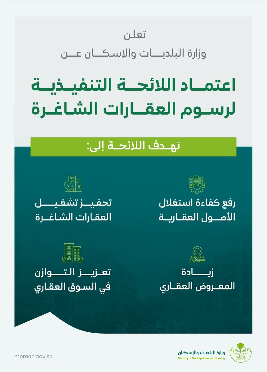 اليوم الأربعاء اعتماد اللائحة التنفيذية لـ #رسوم_العقارات_الشاغرة، ومن أبرز ملامح اللائحة: 🔹 تشمل جميع استخدامات العقارات الشاغرة وفق المخططات التنظيمية أو شهادة الإشغال. 🔹 يتحمل كل مالك حصته من الرسم بحسب نسبة اليوم الأربعاء اعتماد اللائحة التنفيذية لـ #رسوم_العقارات_الشاغرة، ومن أبرز ملامح اللائحة: 🔹 تشمل جميع استخدامات العقارات الشاغرة وفق المخططات التنظيمية أو شهادة الإشغال. 🔹 يتحمل كل مالك حصته من الرسم بحسب نسبة