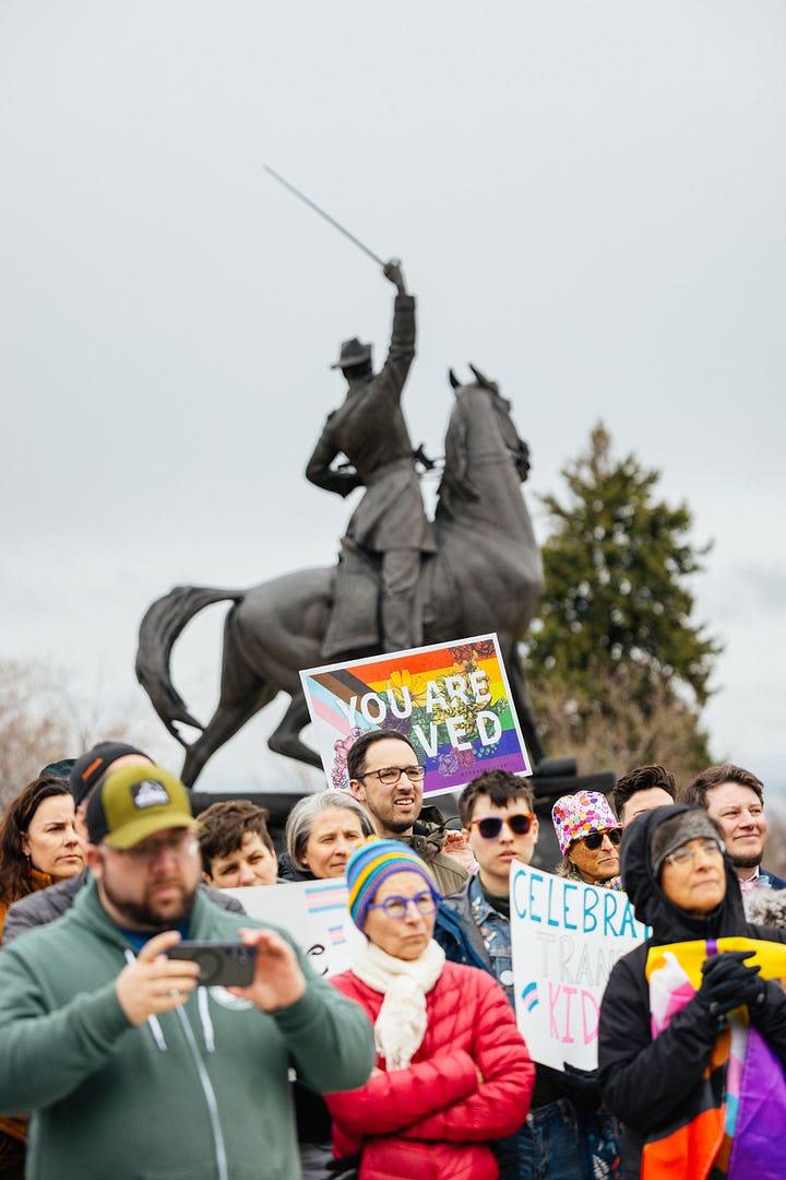 Images of protest at the Montana State Capitol for Montana Trans Day of Visibility