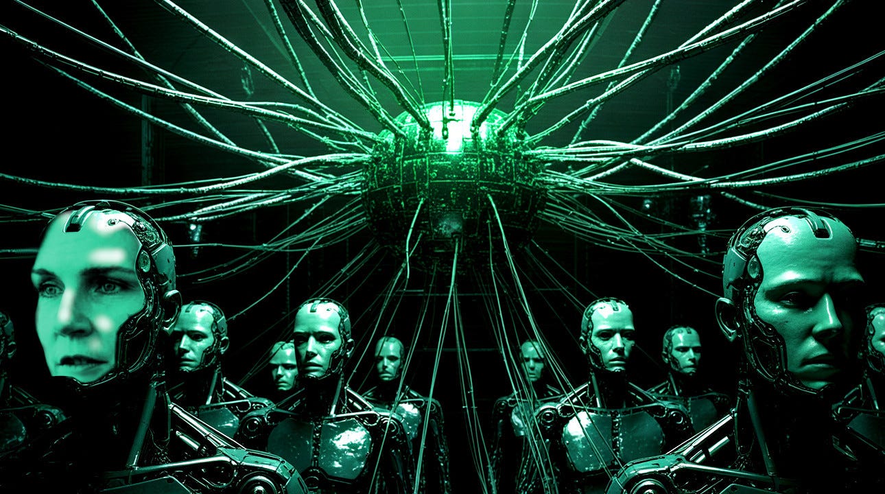 AI-generated picture of a central 'hive mind' with cables stretching off to cyborg slaves. One of the faces has, however been edited to resemble someone familiar to viewers of Pluribus. AI-generated picture of a central 'hive mind' with cables stretching off to cyborg slaves. One of the faces has, however been edited to resemble someone familiar to viewers of Pluribus.