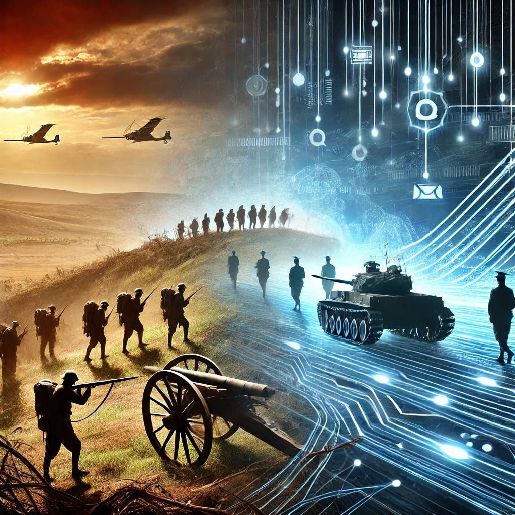 A dynamic landscape changing from traditional battlefields to digital ones, indicating the shift in cyber threats. The foreground should depict historical military conflict, transitioning into the background where digital networks and data streams represent the modern cyber warfare landscape.