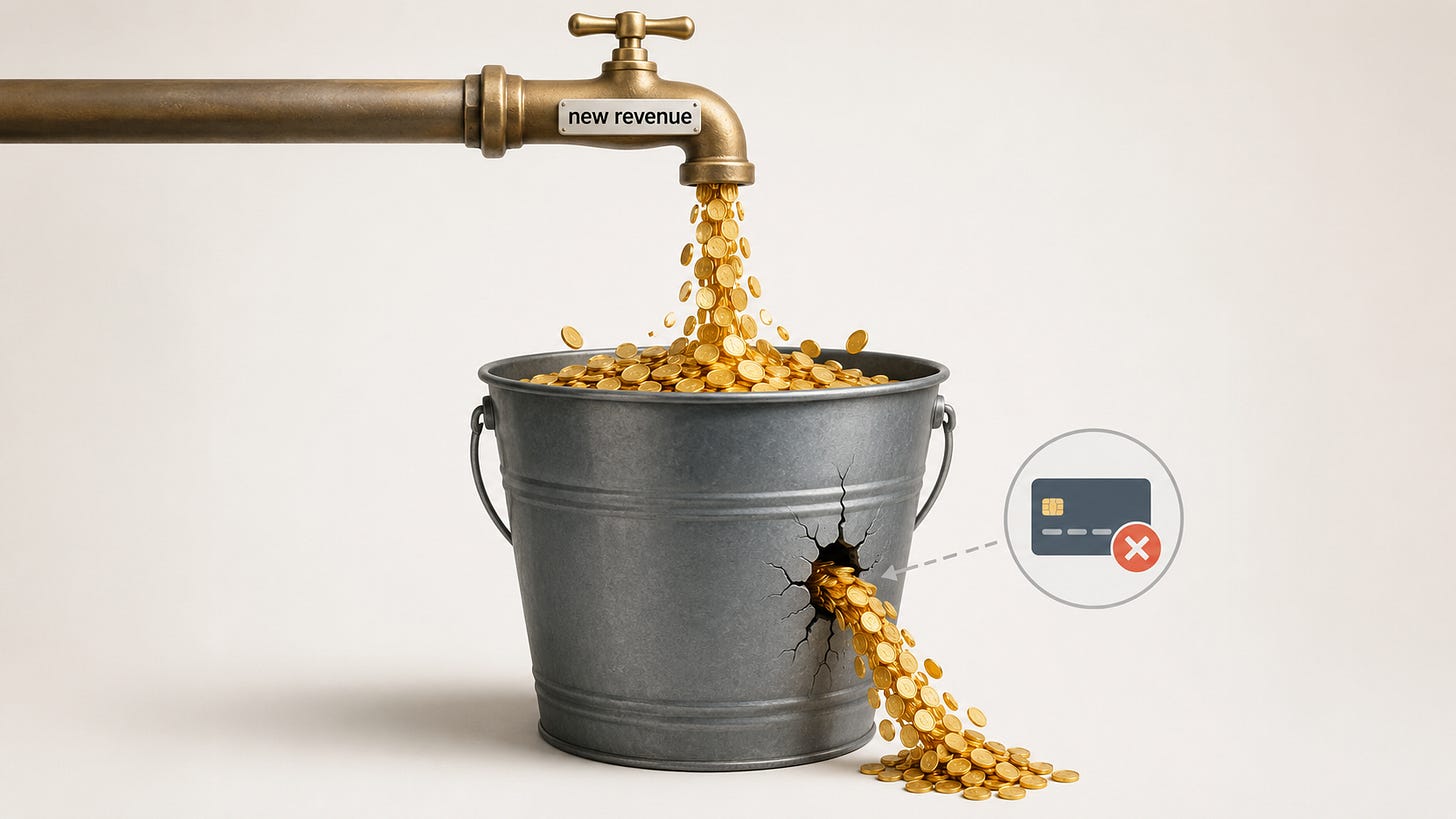 New revenue coins filling a cracked bucket while failed payments leak out, illustrating involuntary SaaS churn. New revenue coins filling a cracked bucket while failed payments leak out, illustrating involuntary SaaS churn.