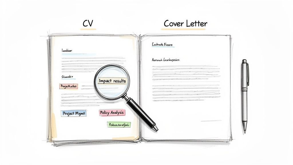 Comparison of CV and Cover Letter, with magnifying glass emphasizing 'Impact results' and skills like policy analysis. Comparison of CV and Cover Letter, with magnifying glass emphasizing 'Impact results' and skills like policy analysis.