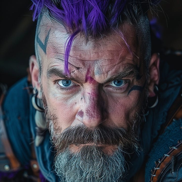 Portrait of a viking and a yellow alien with blue horns