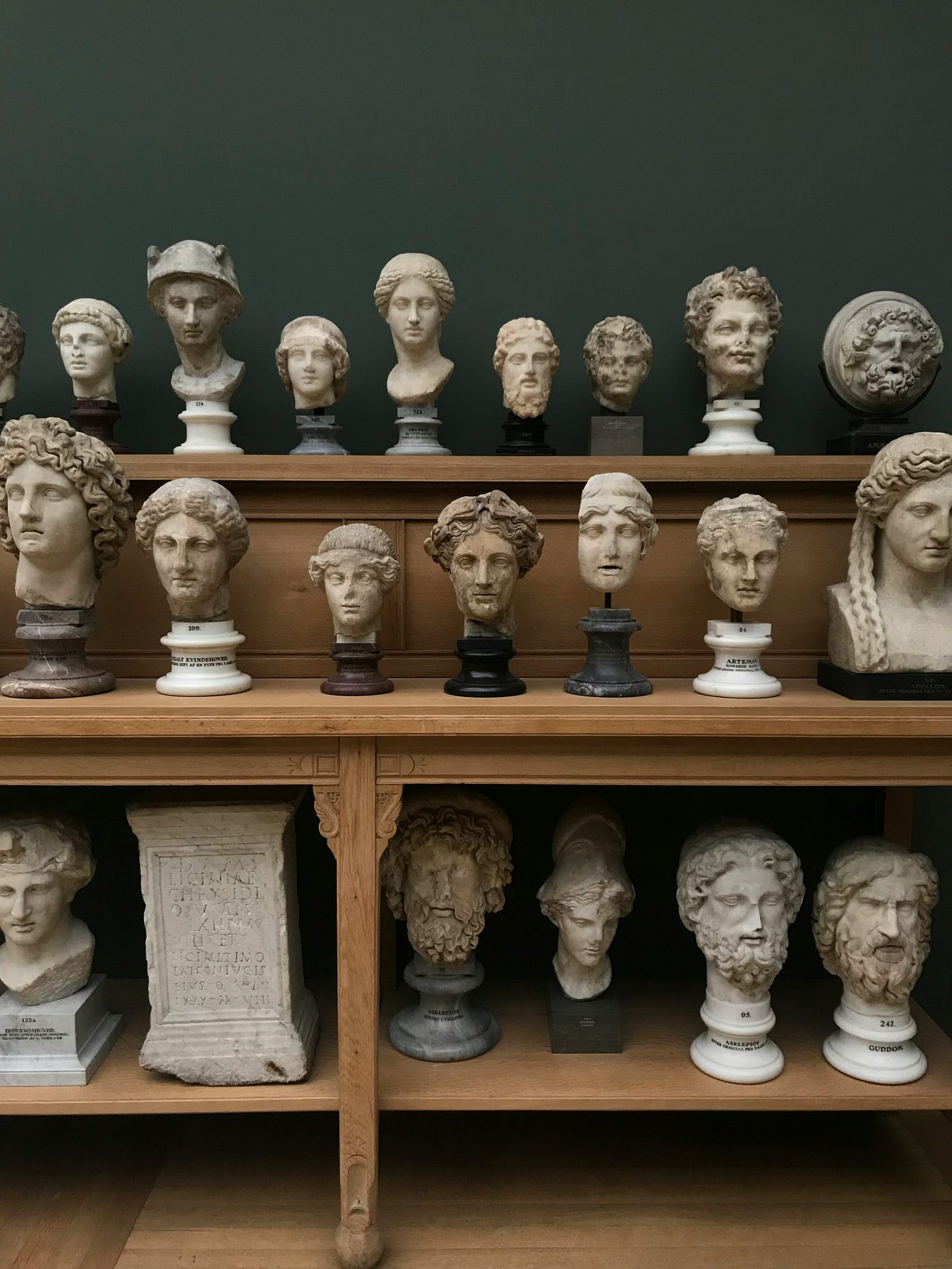 A wide, low tan bookcase with a raised tier at the back of the top, displaying numerous classical Greek and/or Roman style busts, carved from stone or marble and appearing to depict mythological or historical figures.