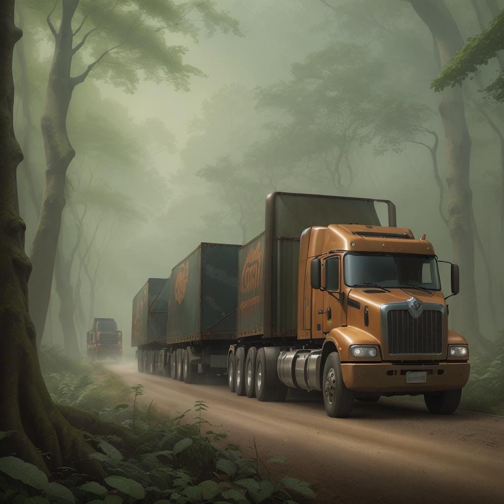 A fleet of steampunk semi-trucks driving through a huge forest. A fleet of steampunk semi-trucks driving through a huge forest.