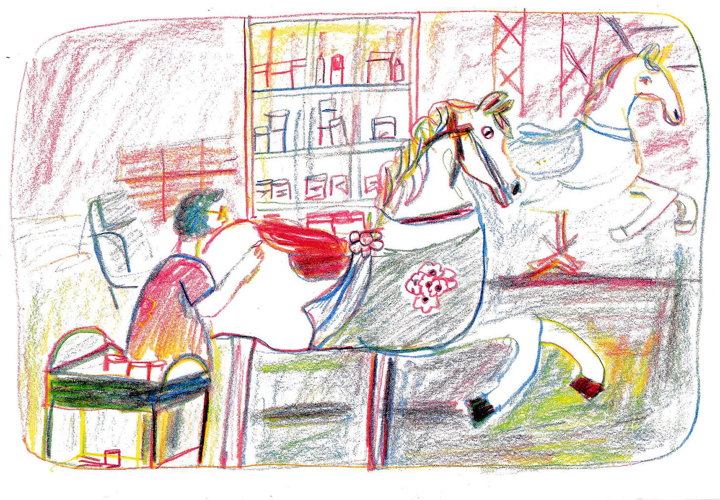 horses sketched in rainbow pencil by Beth Spencer