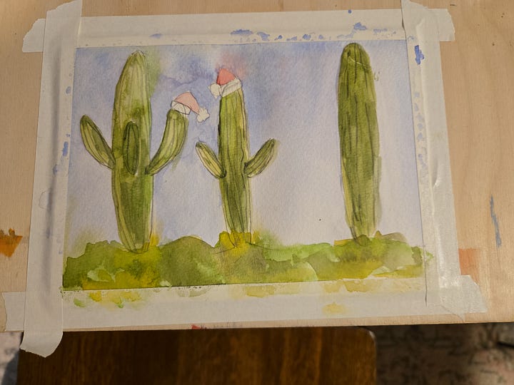 Step-by-step watercolor cactus painting progression with Santa hats, from pencil sketch outlines to colorful finished holiday cactus illustration.