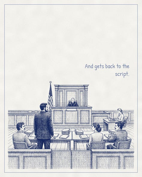 Blue-ink illustrated conversation. A father stands before a judge in a Texas custody hearing.