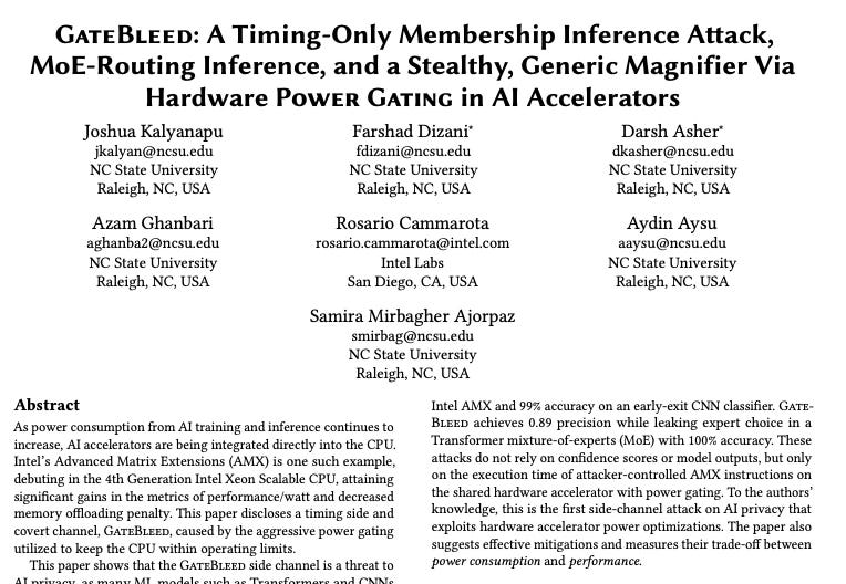 Attackers can exploit these latency variations to infer sensitive information, including: Training data membership (e.g., whether a particular input was part of the training set). 