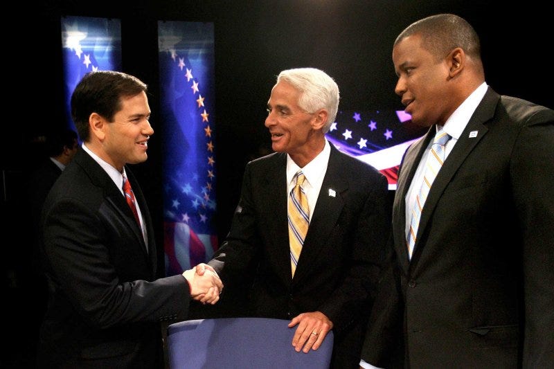 From left, Marco Rubio, Charlie Crist, and Kendrick Meek greet each other before a debate at WESH-TV studios in Winter Park, Florida, October 26, 2010. From left, Marco Rubio, Charlie Crist, and Kendrick Meek greet each other before a debate at WESH-TV studios in Winter Park, Florida, October 26, 2010.