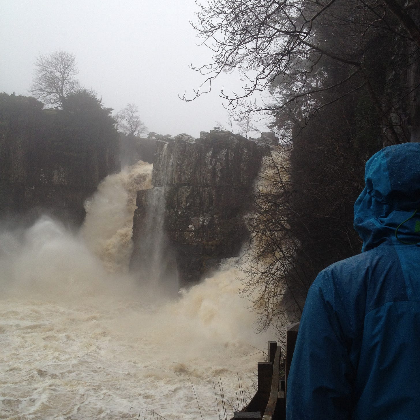 High Force in Teesdale on a dull, wet day after a lot of rain.