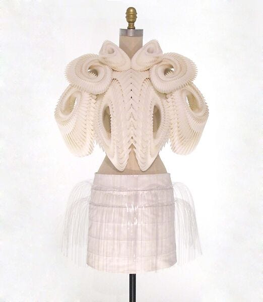 Ensemble, Iris van Herpen  Dutch, a) Plastic (polyamide); b) leather, cotton, plastic (acrylic), metal, Dutch