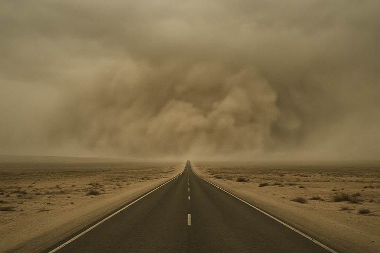 A road with a dust cloud in the distance. 