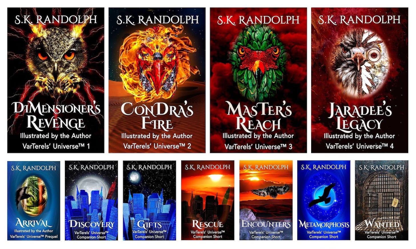 The first collection of eleven science-fantasy book covers in the VarTerels’ Universe™ by S.K. Randolph. The top row features four novels with vivid animal faces; the bottom row displays seven companion shorts, each with colorful, symbolic artwork.