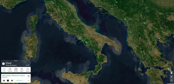 Wondering what they're listening to in Eboli, Italy, these days? Find out with Radio Garden, which lets you scroll the globe and instantly play any station. Wondering what they're listening to in Eboli, Italy, these days? Find out with Radio Garden, which lets you scroll the globe and instantly play any station.