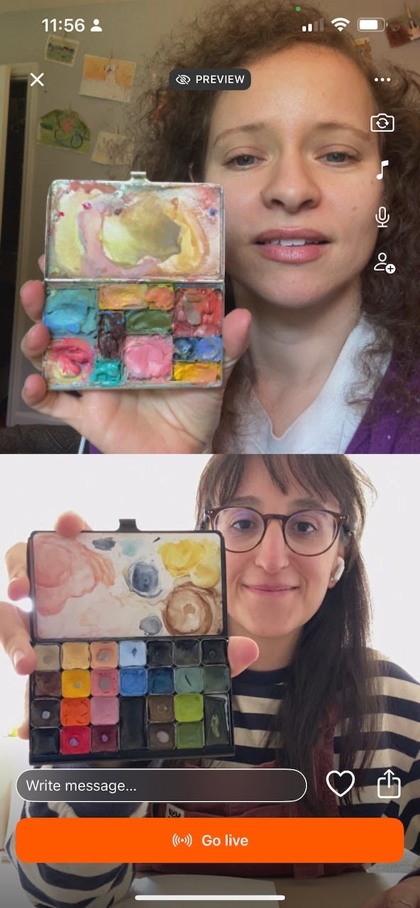 beth spencer and tara tayyebi Fard holding up their paint palettes