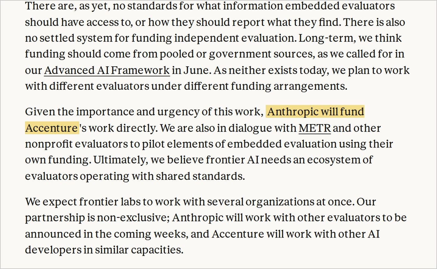 Anthropic’s announcement of the Accenture evaluation partnership, September 18, 2026. Highlight added. Anthropic’s announcement of the Accenture evaluation partnership, September 18, 2026. Highlight added.