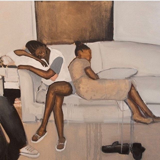 This may contain: a painting of two people sitting on a couch