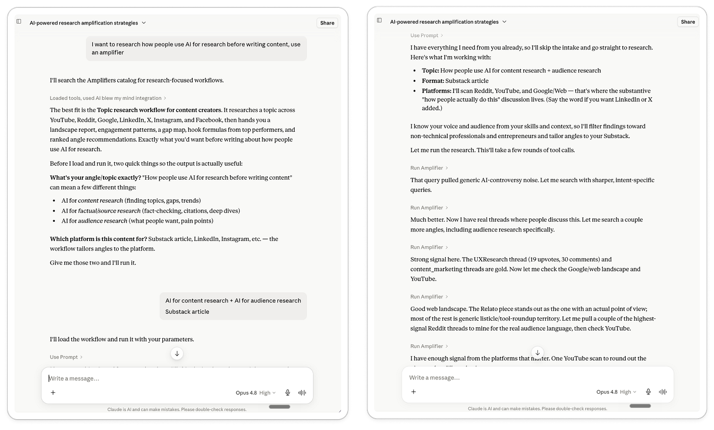 Claude running the Amplifiers topic research workflow, finding the workflow and asking for topic and platform, then pulling real Reddit threads with upvote counts and scanning Google and YouTube for AI content research. Claude running the Amplifiers topic research workflow, finding the workflow and asking for topic and platform, then pulling real Reddit threads with upvote counts and scanning Google and YouTube for AI content research.