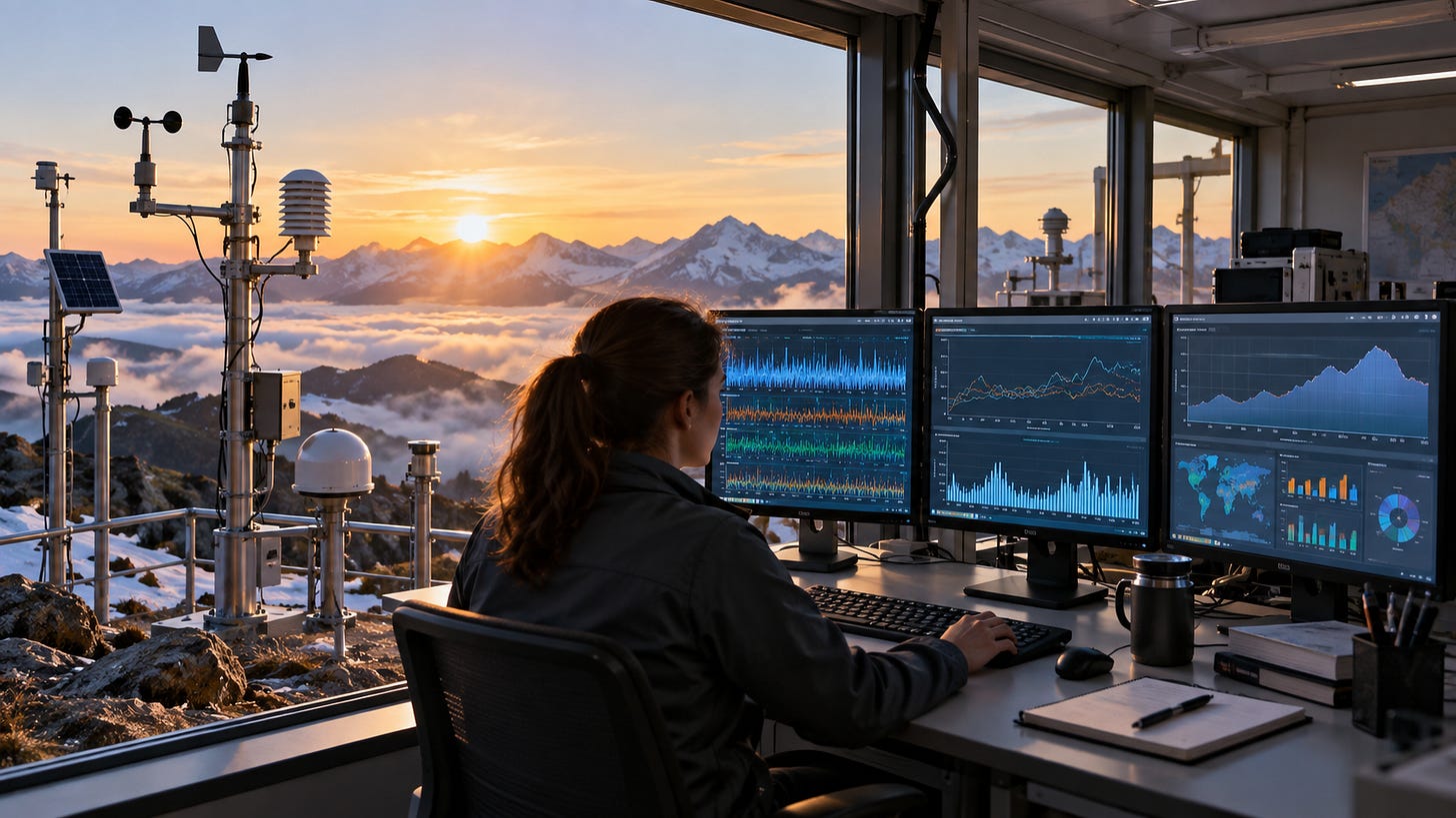 Meteorologist analyzing downsampled weather sensor data at a mountain observatory. 