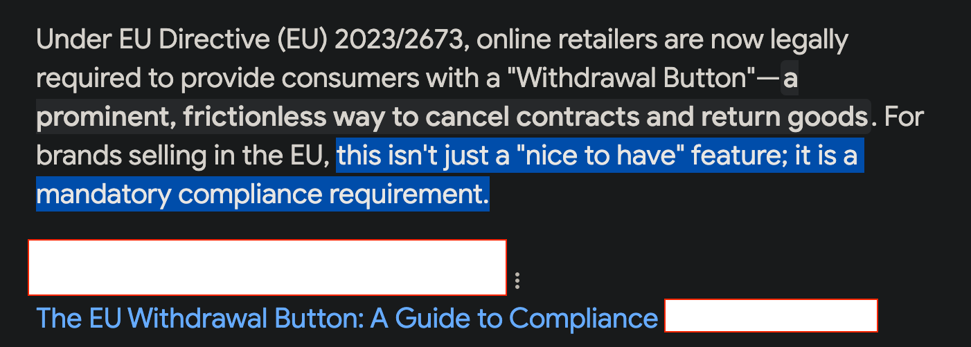 AI-generated “compliance guide” screenshot calling the EU withdrawal button a prominent, frictionless way to cancel contracts and a mandatory compliance requirement, headlined “The EU Withdrawal Button: A Guide to Compliance”. AI-generated “compliance guide” screenshot calling the EU withdrawal button a prominent, frictionless way to cancel contracts and a mandatory compliance requirement, headlined “The EU Withdrawal Button: A Guide to Compliance”.