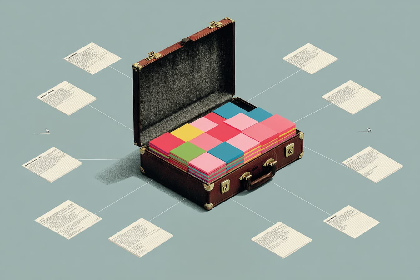 Illustration of a half-open briefcase filled with notes, wires, and notebooks, symbolizing a shift from corporate to freelance work.