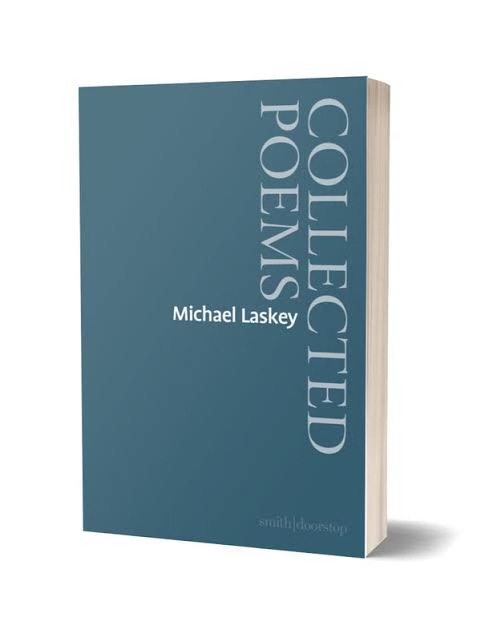 A book with a teal cover. The text reads 'Collected Poems. Michael Laskey.'