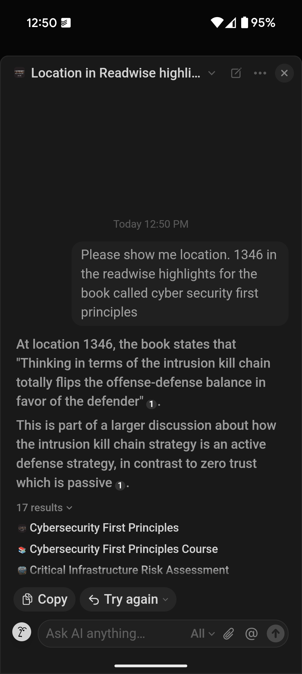 Notion AI finding Readwise highlight location