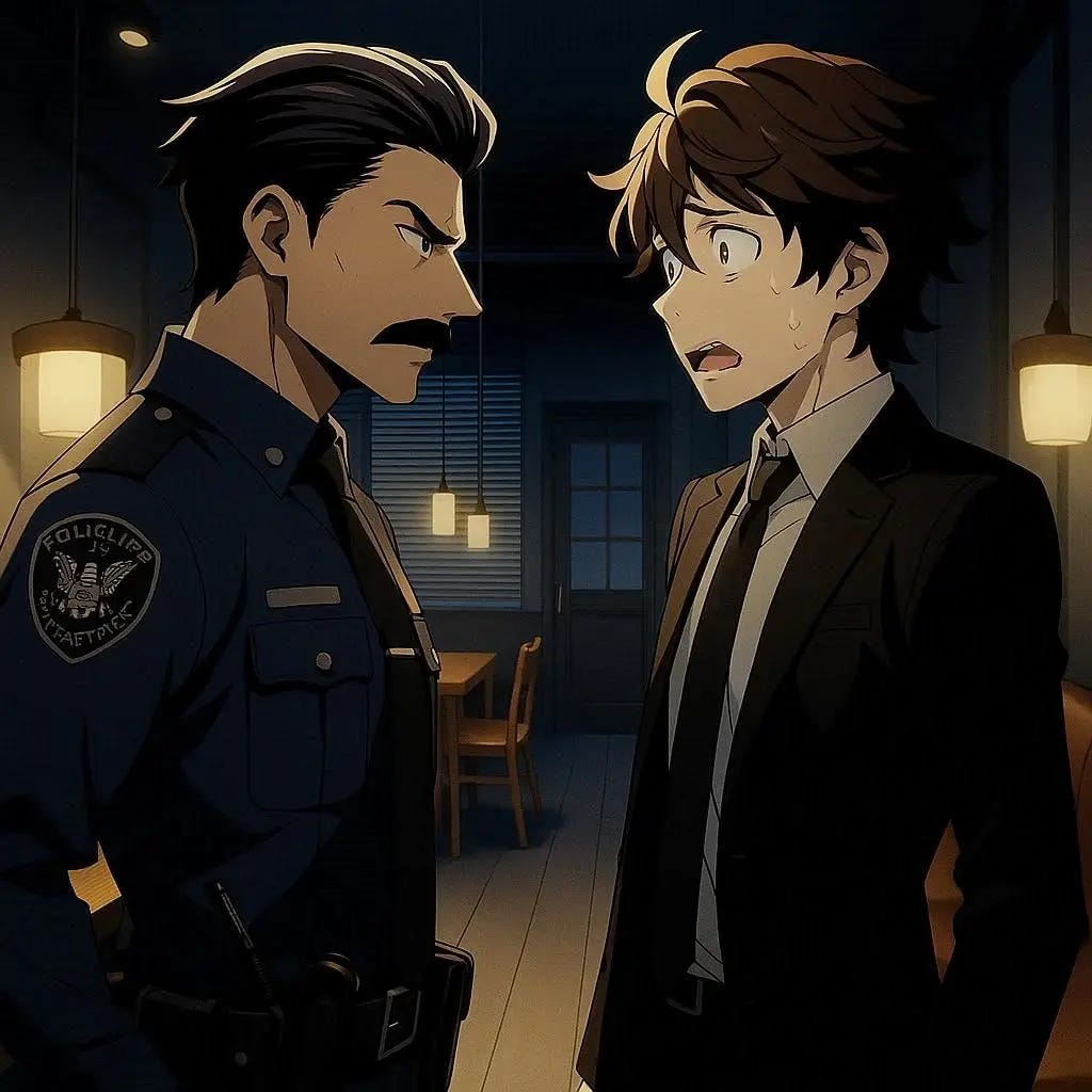 can you make the man in the suit look scared of the cop?