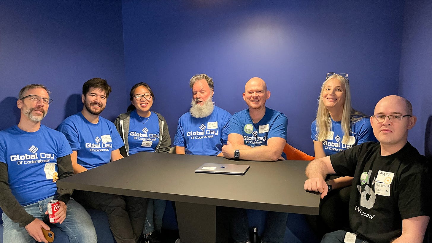 Coderetreat facilitators wearing branded blue T-shirts sit around a table, posing for a photo. Coderetreat facilitators wearing branded blue T-shirts sit around a table, posing for a photo.
