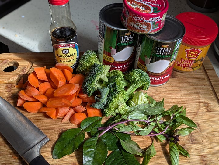 Finished bowl of panang curry. Most of the ingredients I used to make the same bowl.