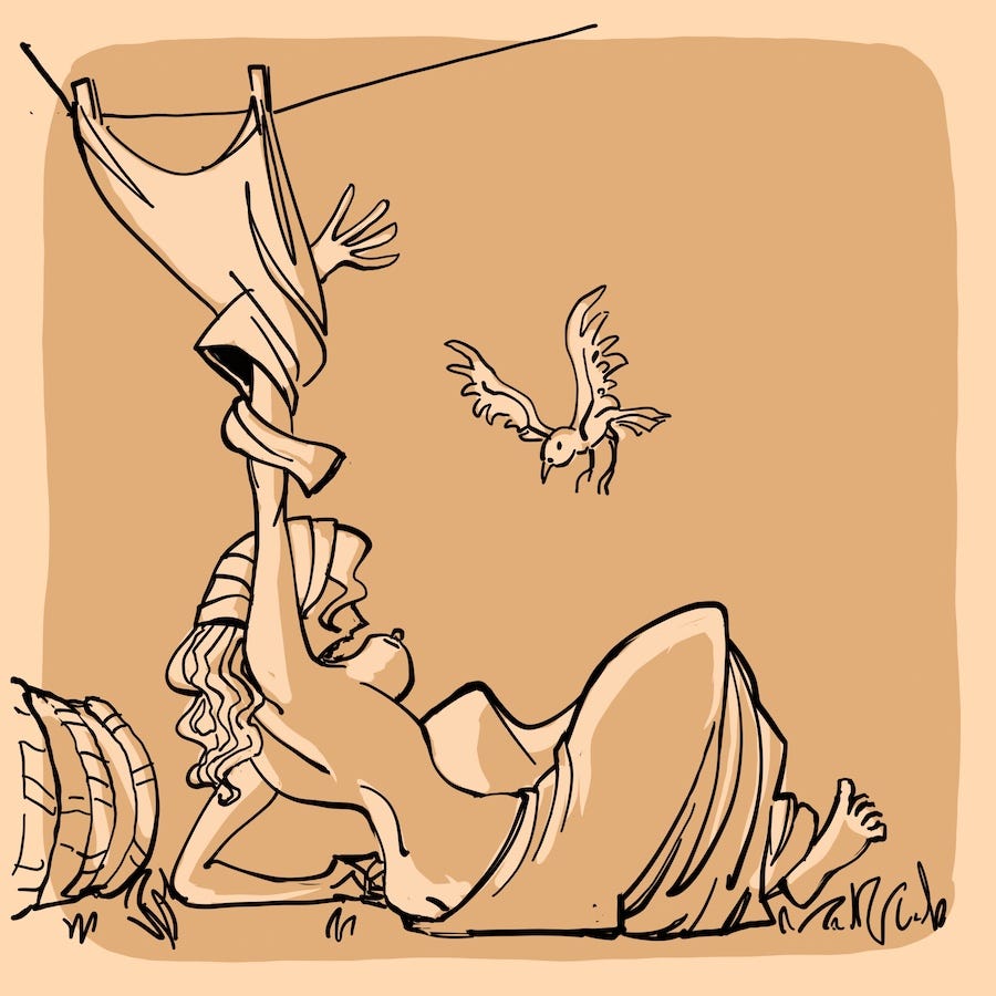 Humorous comic panel showing a woman falling backward as her dress is yanked off, revealing her bare chest and breasts, while a bird flies away. Humorous comic panel showing a woman falling backward as her dress is yanked off, revealing her bare chest and breasts, while a bird flies away.
