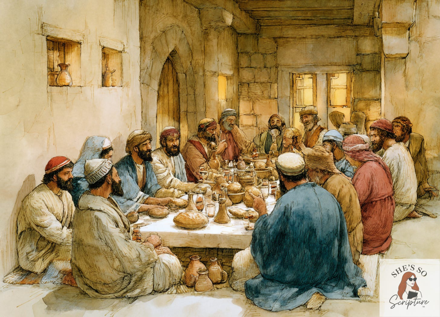 Illustration of a first century Jewish Rabbi sharing a meal with a diverse group of guests in a Judean courtyard, symbolizing table fellowship, teaching, and debates about purity and belonging.