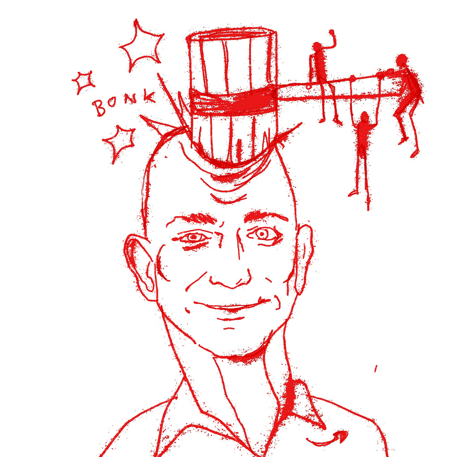 Three figures hit Jeff Bezos in the head with a big hammer.