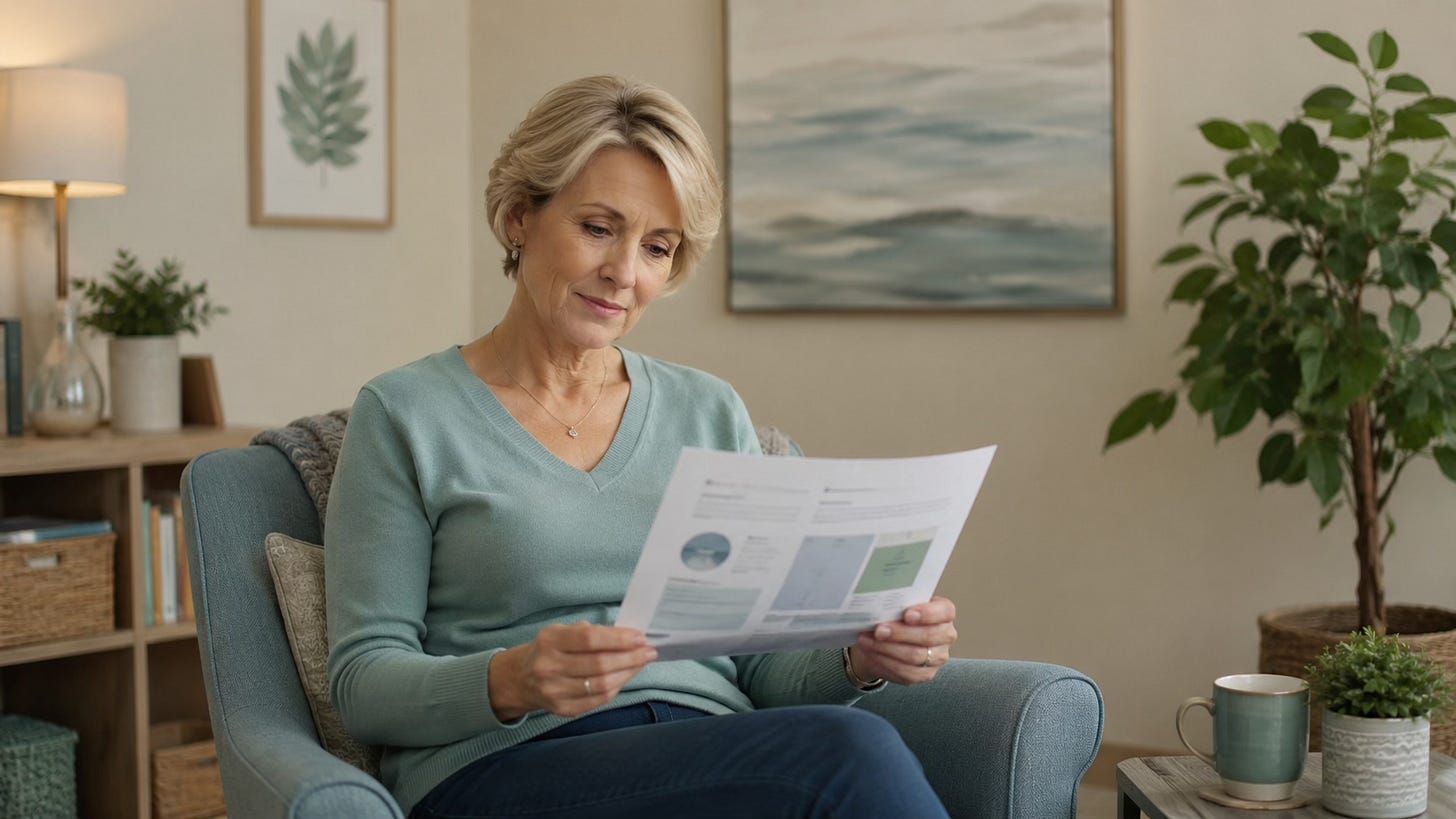 Woman thoughtfully reading in a calm therapeutic space, representing curiosity about EFT Tapping and the research behind it.