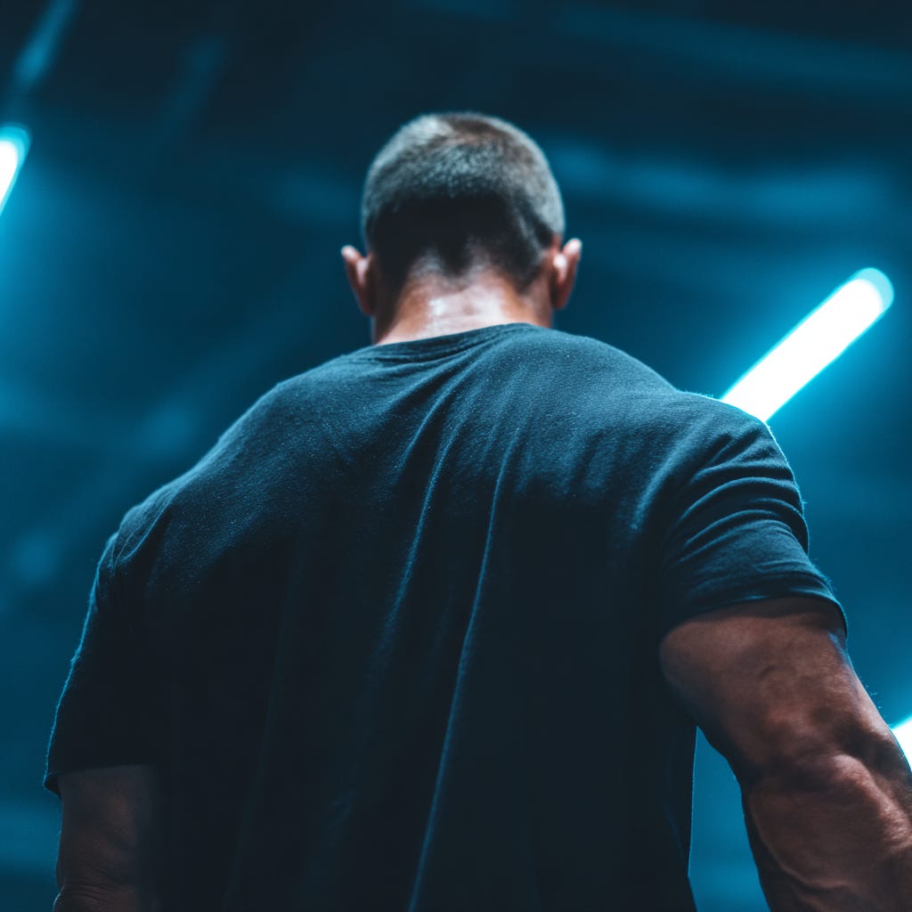massive strong, muscular man walking through a dark gym with blue lighting