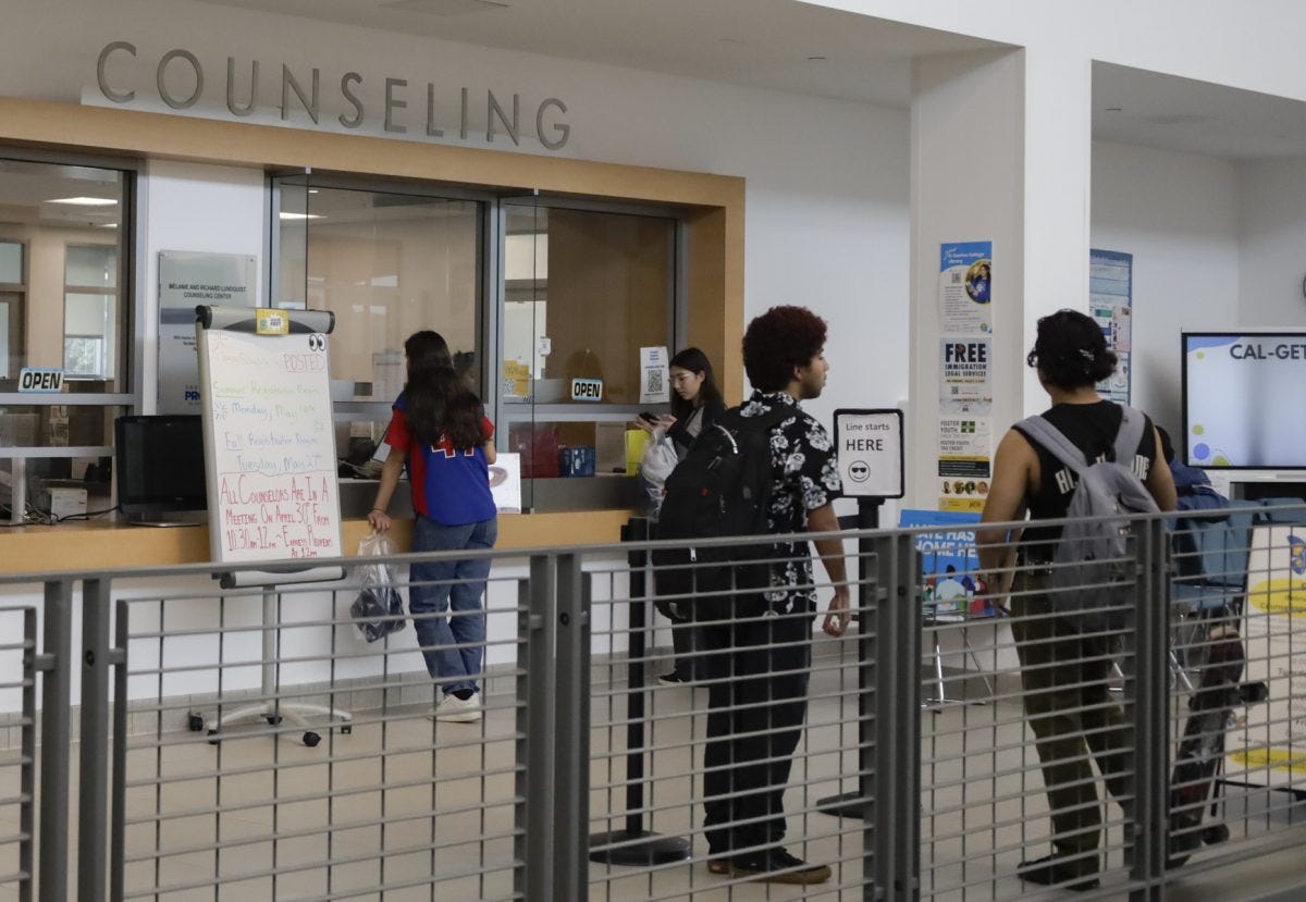 Students wait to meet with the Counseling office, located on the second floor of the Student Services Building, Tuesday, May 13. General education requirements are changing for El Camino College students who will be newly enrolling in fall 2025 or returning after a long absence. "The counselors are aware of it, so, as they're meeting with new students coming in and helping them set up education plans," Carlos Lopez, vice president of Academic Affairs, said. (Kaitlyn Gochez | The Union)