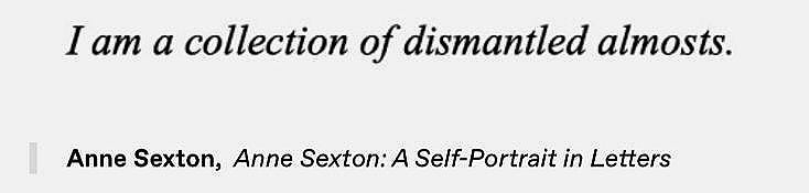 Black italic text on a light background reads: “I am a collection of dismantled almosts.” Below it is the attribution: Anne Sexton, Anne Sexton: A Self-Portrait in Letters.