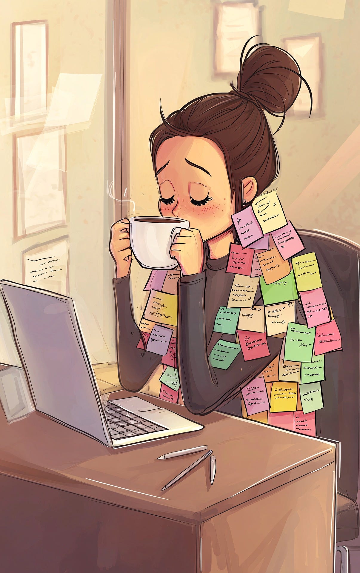 fatigued woman in front of a laptop, sipping tea, stickies of different colors stuck on her upper torso