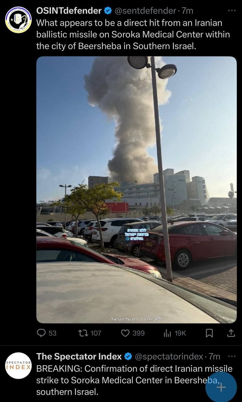 May be an image of ‎oil refinery and ‎text that says '‎OSINTdefender What appears to be a direct hit from an Iranian ballistic missile on Soroka Medical Center within the city of Beersheba in Southern Israel. ราดและ 비담량 ישרצול ura 香2店 ללאיוזוההחועודישראל SPECTATO INDEX The Spectator Index BREAKING: Confirmation of direct Iranian missile strike to Soroka Medical Center in Beersheba, southern Israel.‎'‎‎