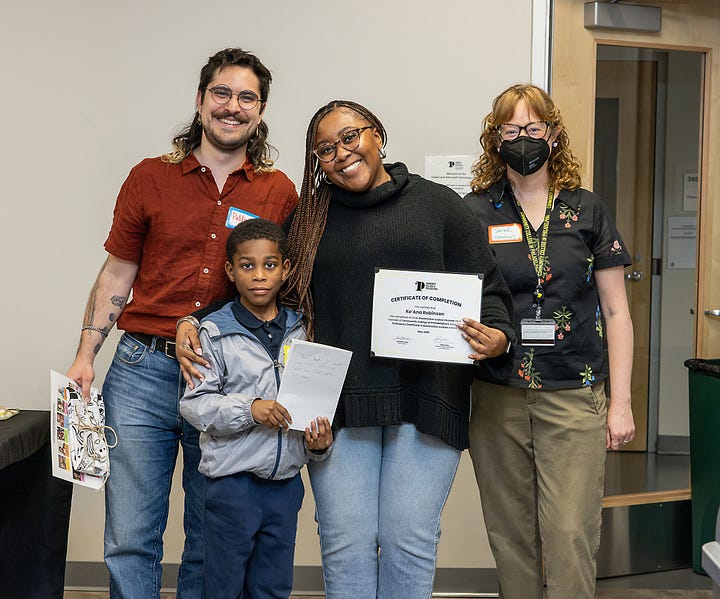 Photos of the graduation celebration for the inaugural CCP restorative justice cohort, including adult students, professors, and community members.