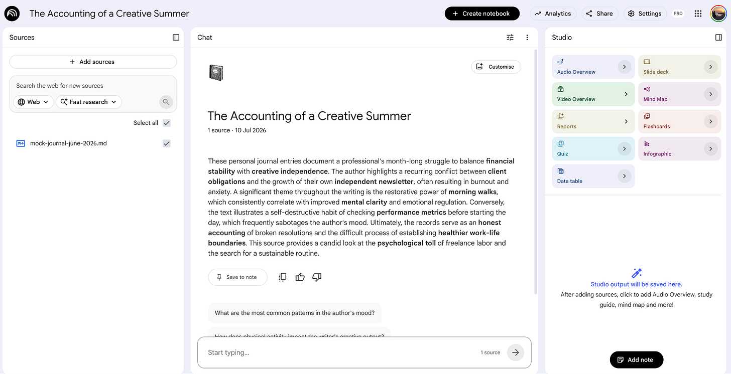 NotebookLM journal dashboard with a source file and a grounded chat summary of personal entries.