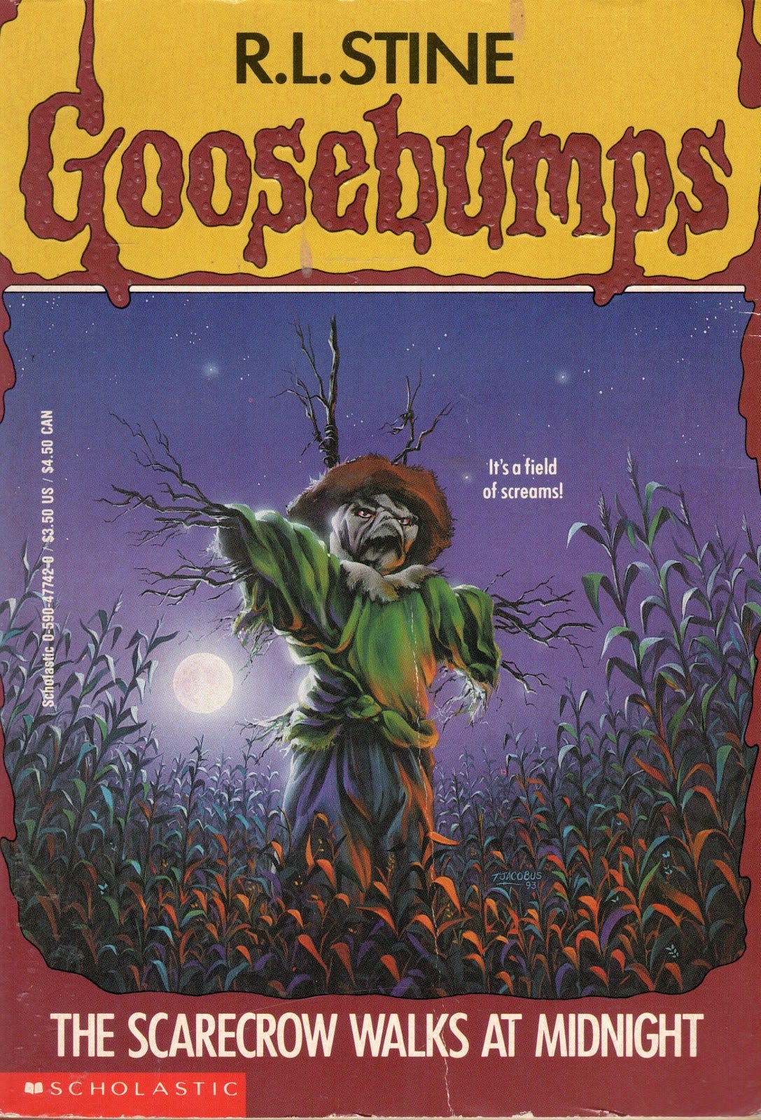 A weirdo scarecrow is in the middle of a field.