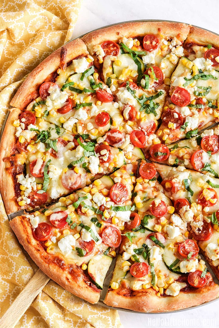 watermelon salad, meatball soup, miso salmon, veggie pizza