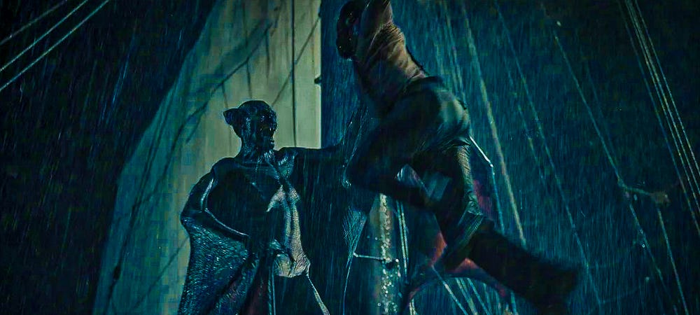 Clemens attacks the monster (Javier Botet) in 'Last Voyage of the Demeter.' (Credit: Universal Studios and Amblin Entertainment) Clemens attacks the monster (Javier Botet) in 'Last Voyage of the Demeter.' (Credit: Universal Studios and Amblin Entertainment)
