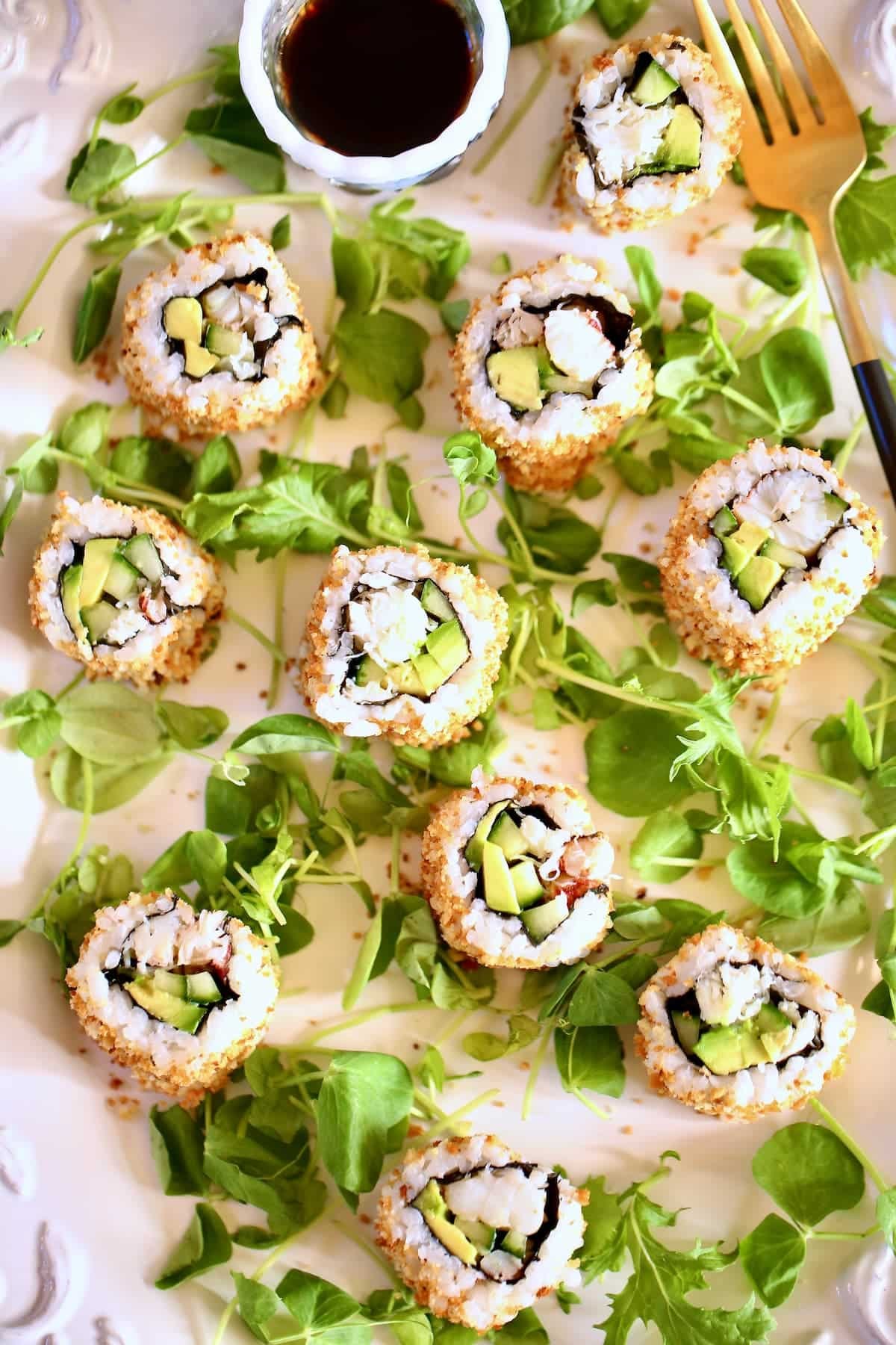 a close up photo of sushi rolls.